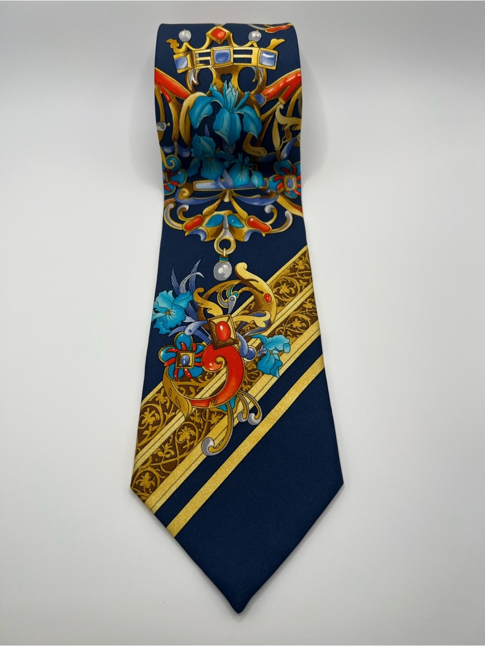 ✨ Leonard Paris Navy Blue Baroque Floral Silk Tie France Dessin 68419
